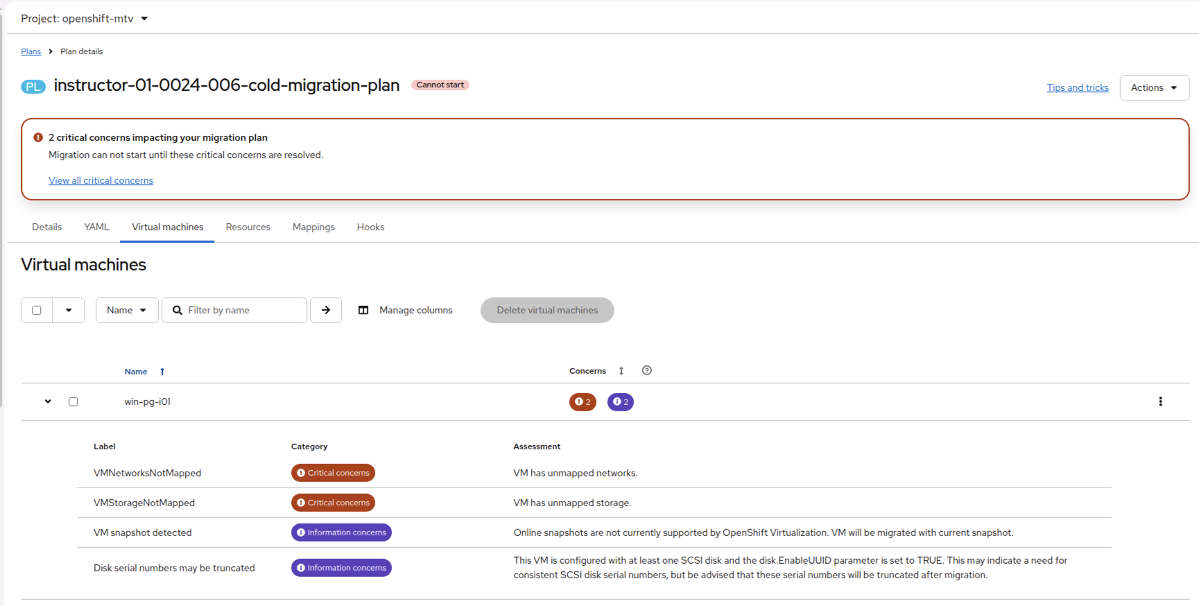 A plan that cannot start: VMNetworksNotMapped and VMStorageNotMapped