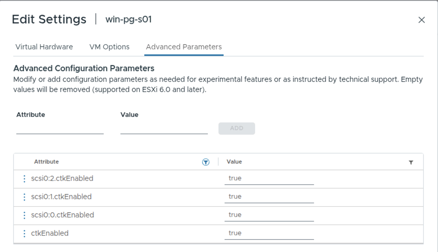 The Advanced Parameters list with all four ctkEnabled rows set to true