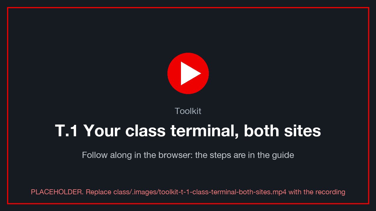 🎬 Video: T.1 Your class terminal, signed in on both sites. Watch it, then do the same in the console