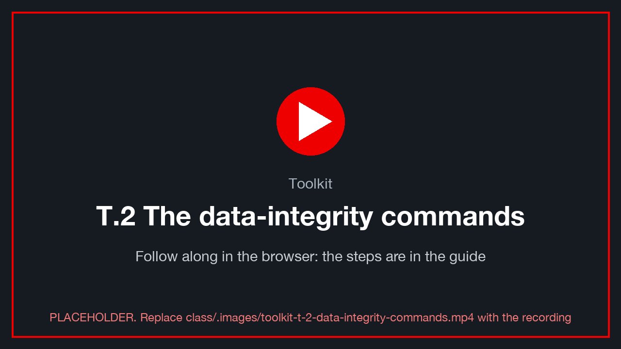 🎬 Video: T.2 The data-integrity commands. Watch it, then do the same in the console