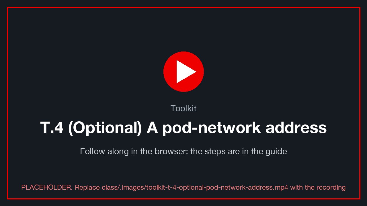 🎬 Video: T.4 (Optional) Give your VM a pod-network address on OpenShift. Watch it, then do the same in the console